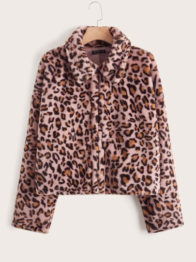 SHEIN размера плюс Пальто на молнии с леопардовым узором из плюша SHEIN