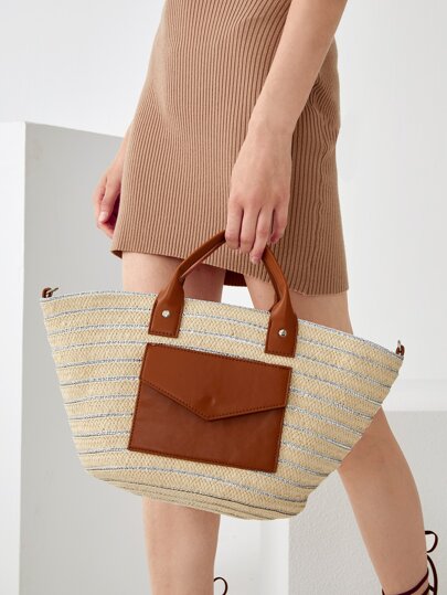 Соломенная сумка с карманом двухцветный SHEIN