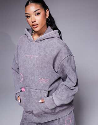 Weekend Collective oversized hoodie with pink logos in washed gray ASOS Weekend Collective