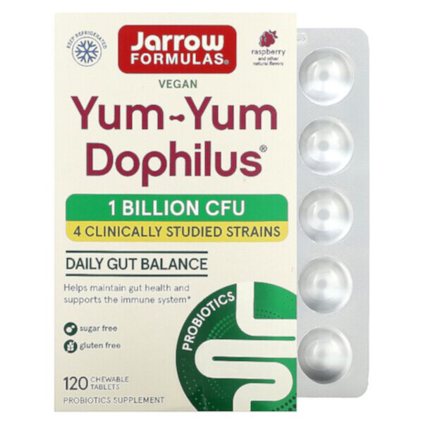 Yum-Yum Dophilus, Малина, 1 миллиард КОЕ, 120 жевательных таблеток Jarrow Formulas