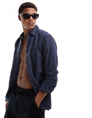 ONLY & SONS linen mix long sleeve shirt in navy Only & Sons