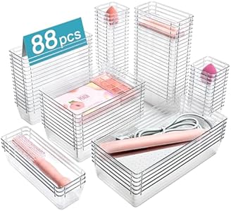 Vtopmart 88PCS Clear Plastic Drawer Organizers Set, 5-Size Versatile Bathroom Drawer Organizer Trays, Storage Bins for Makeup, Vanity, Kitchen Gadgets Utensils and Office Vtopmart