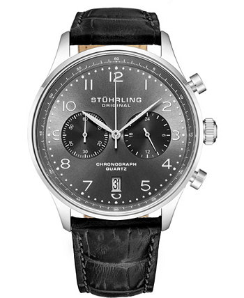 Мужской хронограф, серебряный корпус, серый циферблат, черный кожаный ремешок, часы Stuhrling
