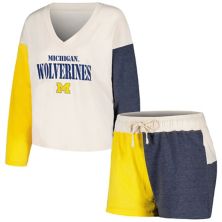 Women's Wes & Willy Cream Michigan Wolverines Colorblock Tri-Blend Long Sleeve V-Neck T-Shirt & Shorts Sleep Set Wes & Willy