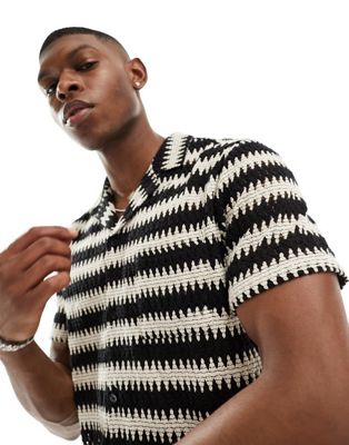 Another Influence knitted beach shirt in black white zig zag Another Influence