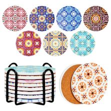 Set of 8 Ceramic Coasters for Drinks with Cork Base and Iron Holder, Mediterranean Tile Designs (4 Inches) Okuna Outpost