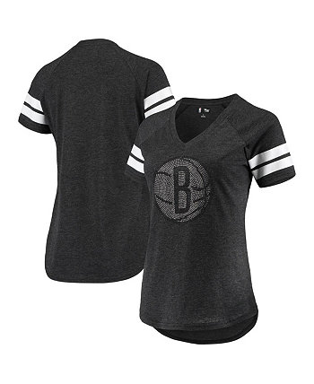 Женская черная футболка Brooklyn Nets с тройным двойным стразами и v-образным вырезом G-III