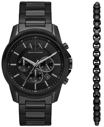 Мужские часы Banks Chronograph, черные часы из нержавеющей стали, 44 мм, набор из 2 предметов Armani