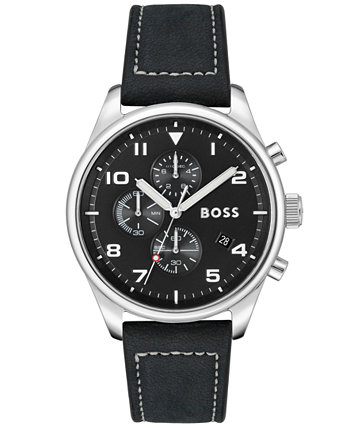 Мужские часы с черным ремешком из натуральной кожи, 44 мм BOSS