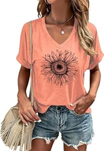 Casual V-Neck Graphic Tees for Women Summer Cute Short Sleeve Holiday Family Match T-Shirt Tops… Beopjesk