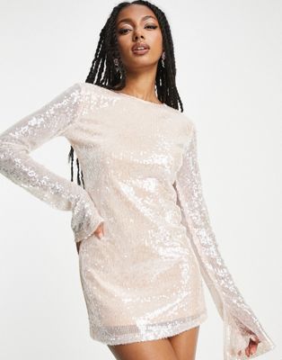 Kyo The Brand sequin high neck flare sleeve mini dress in taupe KYO