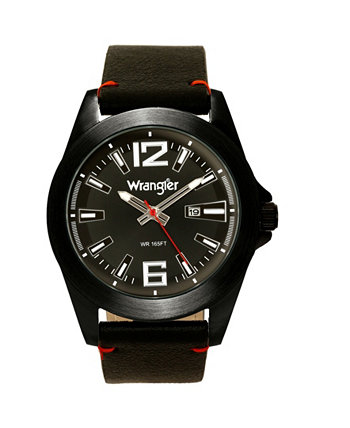 Мужские часы, серебряный корпус 48 мм, черный циферблат, черный ремешок, аналоговый, секундная стрелка, функция даты Wrangler