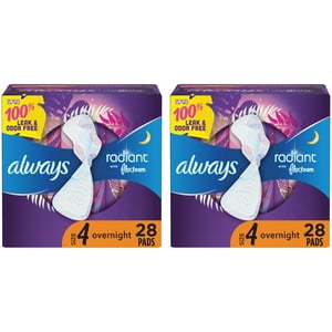 Always Radiant Overnight Pads with Wings, Scented, Size 4, 28 Ct, 2 Pack Always