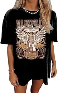 Oversized Rock Band T-Shirt Women Country Music Shirt Tops Nashville Music City Tshirt Vintage Guitar Wings Graphic Tees MHTOR