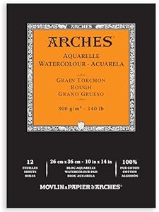 Arches Aquarelle Watercolor Pad, Rough, 140lb/300gsm, 12 Sheet, 10x14 inch, Watercolor Paper 100% Cotton Arches