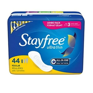 Stayfree Ultra Thin Regular Pads For Women, Wingless, Reliable Protection and Absorbency of Feminine Moisture, Leaks and Periods, 44 count Stayfree