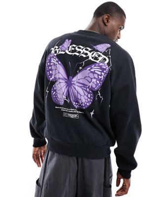 Черный свитшот оверсайз с принтом бабочки на спине ADPT ADPT