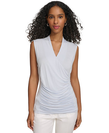 Women's Solid Ruched-Front V-Neck Sleeveless Blouse Calvin Klein