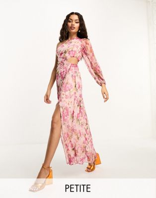 Асимметричное платье макси с одним рукавом Ever New Petite с розовым и фиолетовым цветочным принтом Ever New