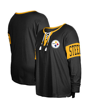 Женская черная футболка размера плюс с вырезом на шнуровке и длинными рукавами Pittsburgh Steelers New Era