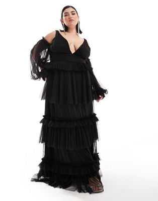 Lace & Beads Plus sheer sleeve tulle tiered maxi dress in black LACE & BEADS