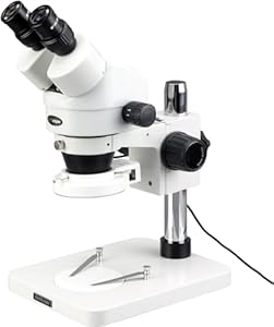 AmScope SM-1BSZ-144S Professional Binocular Stereo Zoom Microscope, WH10x Eyepieces, 3.5x-90x Magnification, 0.7X-4.5X Zoom Objective, 144-Bulb LED Ring Light, Pillar Stand, 110V-240V, Includes 0.5x and 2.0x Barlow Lenses AmScope