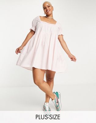 Daisy Street Plus square neck smock dress with puff sleeves in pink Daisy Street Plus