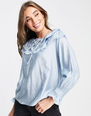 Urban Revivo blouse with oversized collar in light blue Urban Revivo