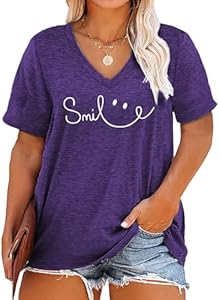 Plus Size Smile Face Shirts Women V Neck T Shirts Short Sleeve Tshirts Summer Tops Beocut