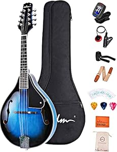 ADM Acoustic Mandolin Instrument Kit Music A Style for Kids Students Adults Wood Mandolins Beginner Set With Bag, Tuner, EQ, Strap, Strings, Picks and Hanger, Blue Adm