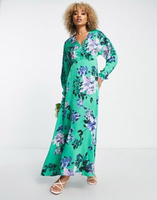 Платье макси из ликерного атласа с запахом и длинными рукавами зеленого цвета с цветочным принтом Liquorish