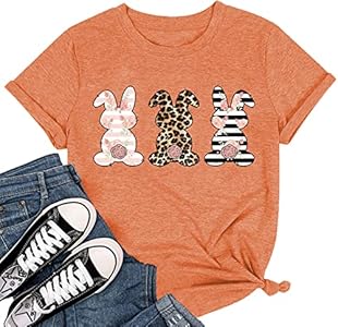 Leopard Easter Bunny T-Shirt for Women Floral Striped Rabbit Shirts Easter T Shirs Cute Bunny Tee Tops MEESHEEP