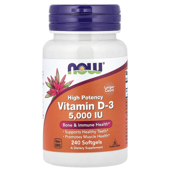 Витамин D-3, высокая потенция, 5000 МЕ, 240 мягких капсул - NOW Foods NOW Foods