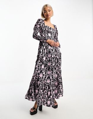 Черное атласное платье макси Amy Jane London Marie с цветочным принтом Amy Jane London