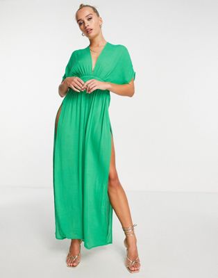 Зеленое платье макси с v-образным вырезом и разрезом NA-KD NAKD