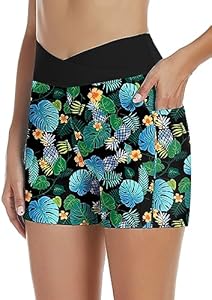 Tournesol Women's 4" Swim Shorts High Waisted Swimsuit Bottoms Cross Waist Bathing Suit Swimwear Boy Shorts with Pocket Tournesol