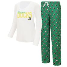 Women's Concepts Sport  White/Green Oregon Ducks Long Sleeve V-Neck T-Shirt & Gauge Pants Sleep Set Unbranded