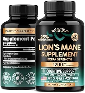 Lions Mane Supplement Capsules (Капсулы) - Organic Lions Mane - Made in USA - Fruiting Bodies Extract - 1200 mg, 25% Polysaccharides - Memory & Focus - As Lions Powder (Порошок), Liquid (Жидкость) - 120 Capsules, 2 Month Supply NUTRAHARMONY