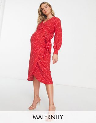 Glamorous Maternity long sleeve fitted midi wrap dress in multi red print Glamorous Bloom