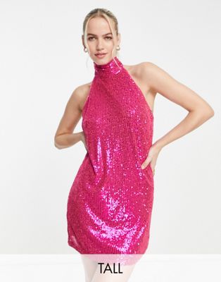 Jaded Rose Tall halterneck mini dress in hot pink sequin Jaded Rose Tall