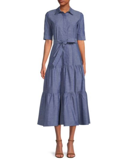 Ярусное платье-рубашка из шамбре с поясом Calvin Klein