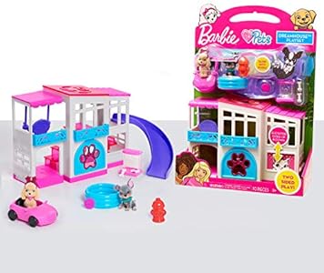 Barbie Pet Dreamhouse 2-Sided Playset, 10-pieces Include Pets and Accessories, 1-inch Pets, Kids Toys for Ages 3 Up by Just Play Barbie