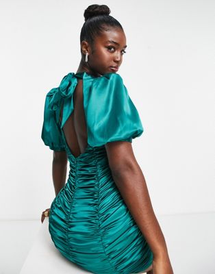 Band Of Stars premium satin balloon sleeve with bow back dress in emerald green  Band of Stars