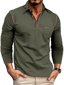 Men's Casual Polo Shirts Classic Long Sleeve Basic Button T-Shirt Lightweight Cotton Golf Tops with Pocket Qekoma