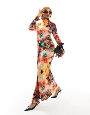 Платье макси с длинными рукавами и разноцветными принтами Daska Daska