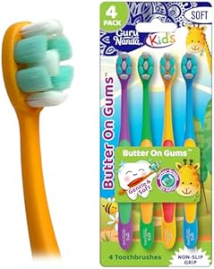 GuruNanda Butter On Gums Kids Toothbrush - 4 Pack Extra Soft Bristles Toothbrush for Kids, Multi-Colored & Fun to Use for Beginner Cleaning - Ergonomic Grip Handle - BPA & Cruelty-Free (Age 3+) GuruNanda