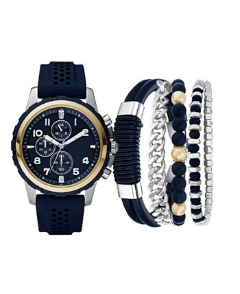Мужские аналоговые кварцевые часы с тремя стрелками, темно-синий силиконовый ремешок, 45 мм, подарочный набор American Exchange