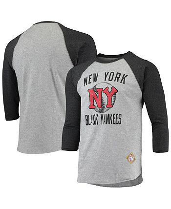 Мужская футболка цвета реглан с надписью «Heather Grey, Black New York Black Yankees Negro League» с рукавами 3/4 Stitches