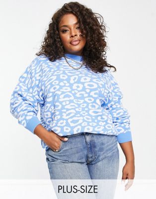 In The Style Plus exclusive knitted high neck sweater in blue leopard In The Style Plus