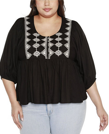 Black Label Plus Size Embroidered Boho Fit and Flare Top Belldini